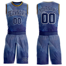 Загрузить изображение в средство просмотра галереи, Custom Blue Navy White-Gold Gradient Geometric Stripe Round Neck Sublimation Basketball Suit Jersey
