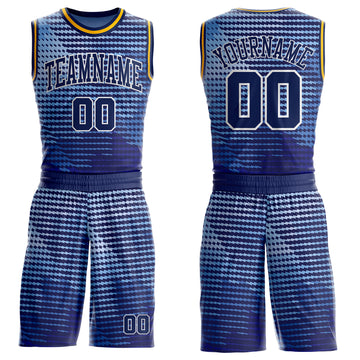 Custom Blue Navy White-Gold Gradient Geometric Stripe Round Neck Sublimation Basketball Suit Jersey