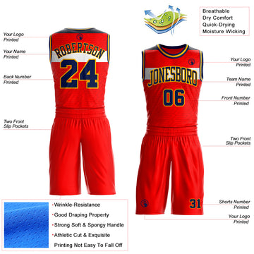Custom Red Navy White-Gold Geometric Stripe Round Neck Sublimation Basketball Suit Jersey