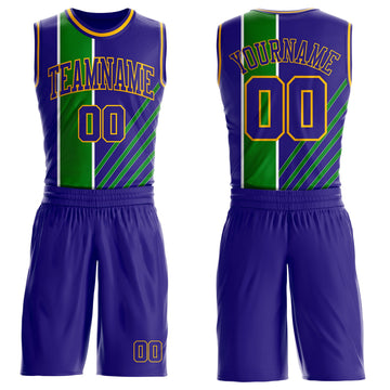 Custom Dark Purple Grass Green White-Gold Geometric Stripe Round Neck Sublimation Basketball Suit Jersey