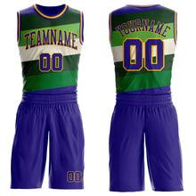 Laden Sie das Bild in den Galerie-Viewer, Custom Dark Purple Green-Gold Geometric Stripe Round Neck Sublimation Basketball Suit Jersey
