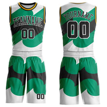 Load image into Gallery viewer, Custom White Black Green-Gold Wave Geometric Stripe Round Neck Sublimation Basketball Suit Jersey

