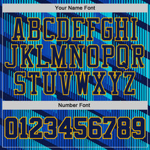 Charger l'image dans la galerie, Custom Thunder Blue Navy Lakes Blue-Gold Geometric Stripe Round Neck Sublimation Basketball Suit Jersey
