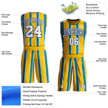 Custom Yellow White Teal Royal-Black Geometric Stripe Round Neck Sublimation Basketball Suit Jersey