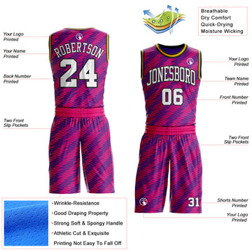 Custom Purple White Hot Pink Black-Gold Geometric Stripe Round Neck Sublimation Basketball Suit Jersey