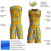 Charger l'image dans la galerie, Custom Gold Lakes Blue Brown-Black Gradient Lightning Stripe Round Neck Sublimation Basketball Suit Jersey
