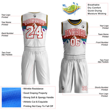 Custom White Texas Orange Teal Purple Red Black-Gold Mountain Geometric Stripe Round Neck Sublimation Basketball Suit Jersey