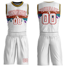 Laden Sie das Bild in den Galerie-Viewer, Custom White Texas Orange Teal Purple Red Black-Gold Mountain Geometric Stripe Round Neck Sublimation Basketball Suit Jersey
