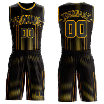 Custom Black Old Gold-Gold Vertical Stripe Gradient Round Neck Sublimation Basketball Suit Jersey