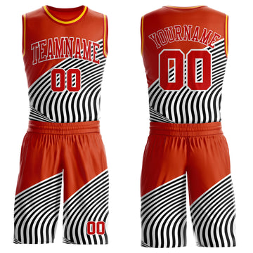 Custom Orange Red Black White-Gold Wave Stripe Round Neck Sublimation Basketball Suit Jersey
