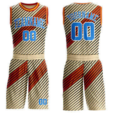 Custom Cream Powder Blue Black White Red-Gold Geometric Stripe Round Neck Sublimation Basketball Suit Jersey