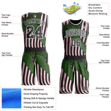 Custom Black Steel Gray Light Pink Green-White Wave Stripe Round Neck Sublimation Basketball Suit Jersey
