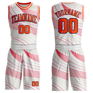Custom White Orange Neon Pink Old Gold-Navy Wave Stripe Round Neck Sublimation Basketball Suit Jersey