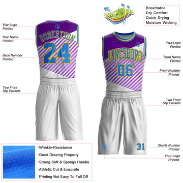 Custom White Powder Blue Purple-Gold Diagonal Stripe Round Neck Sublimation Basketball Suit Jersey