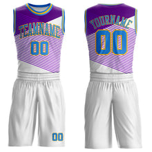 Load image into Gallery viewer, Custom White Powder Blue Purple-Gold Diagonal Stripe Round Neck Sublimation Basketball Suit Jersey
