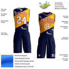 Загрузить изображение в средство просмотра галереи, Custom Navy White Red Purple-Gold Diagonal Split Arrow Stripe Round Neck Sublimation Basketball Suit Jersey
