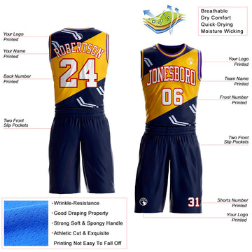 Custom Navy White Red Purple-Gold Diagonal Split Arrow Stripe Round Neck Sublimation Basketball Suit Jersey