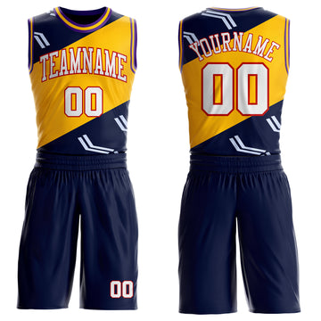 Custom Navy White Red Purple-Gold Diagonal Split Arrow Stripe Round Neck Sublimation Basketball Suit Jersey