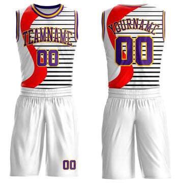Custom White Purple Red-Gold Wave Stripe Round Neck Sublimation Basketball Suit Jersey