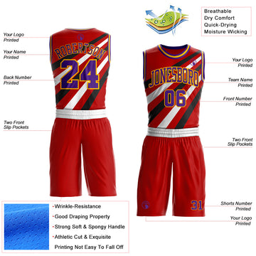 Custom Red Purple Black-Gold Diagonal Stripe Round Neck Sublimation Basketball Suit Jersey