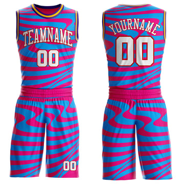 Custom Hot Pink White Blue Red Purple-Gold Wave Stripe Fluid Round Neck Sublimation Basketball Suit Jersey
