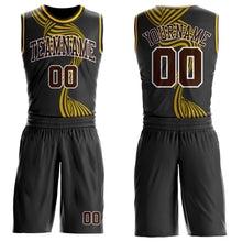 Laden Sie das Bild in den Galerie-Viewer, Custom Black Brown White-Yellow Stream Wave Stripe Round Neck Sublimation Basketball Suit Jersey
