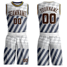 Загрузить изображение в средство просмотра галереи, Custom White Brown Gray Navy-Yellow Checkerboard Diagonal Stripe Round Neck Sublimation Basketball Suit Jersey

