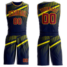 Laden Sie das Bild in den Galerie-Viewer, Custom Blue Crimson Gold-Navy Gradient Grid Stripe Round Neck Sublimation Basketball Suit Jersey
