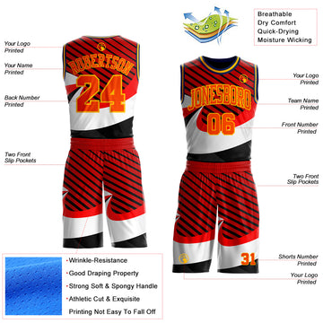 Custom Red Orange Black Gold-Navy Wave Stripe Round Neck Sublimation Basketball Suit Jersey