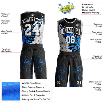 Custom Black White-Blue Wing Splash Ink Boho Style Round Neck Sublimation Basketball Uniform Jersey