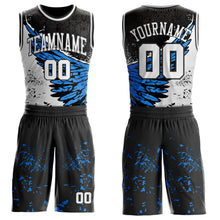 Laden Sie das Bild in den Galerie-Viewer, Custom Black White-Blue Wing Splash Ink Boho Style Round Neck Sublimation Basketball Uniform Jersey
