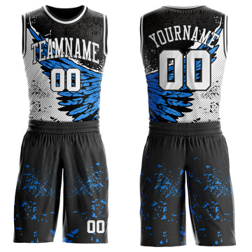 Custom Black White-Blue Wing Splash Ink Boho Style Round Neck Sublimation Basketball Uniform Jersey