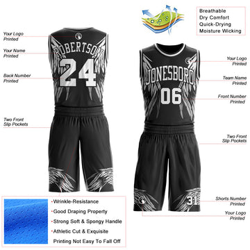 Custom Black-White Eagle Wing Boho Style Round Neck Sublimation Basketball Uniform Jersey