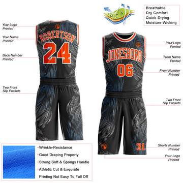 Custom Black Orange-White Abstract Feather Boho Style Round Neck Sublimation Basketball Uniform Jersey