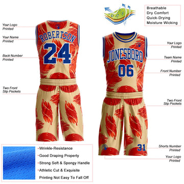 Custom Cream Royal Orange White-Yellow Feather Boho Style Round Neck Sublimation Basketball Uniform Jersey