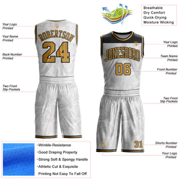 Custom White Old Gold-Black Feather Wing Boho Style Round Neck Sublimation Basketball Uniform Jersey