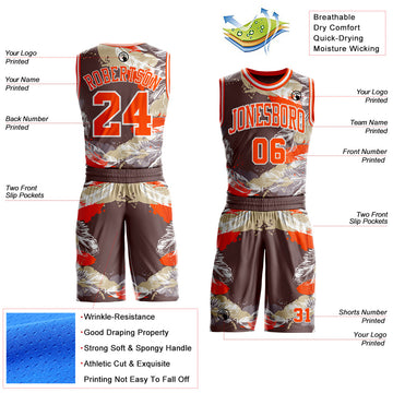 Custom Gray Orange-White Feather Wing Boho Style Round Neck Sublimation Basketball Uniform Jersey