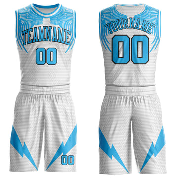 Custom White Sky Blue-Black Wing Lightning Boho Style Round Neck Sublimation Basketball Uniform Jersey