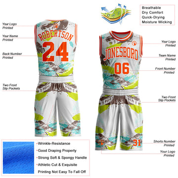 Custom White-Orange Feather Boho Style Round Neck Sublimation Basketball Uniform Jersey