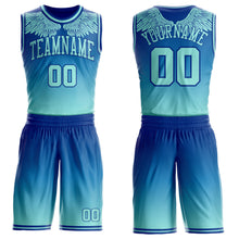 Laden Sie das Bild in den Galerie-Viewer, Custom Royal-Ice Blue Gradient Feather Wing Boho Style Round Neck Sublimation Basketball Uniform Jersey
