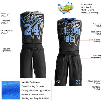 Custom Black Light Blue-Gray Wing Boho Style Round Neck Sublimation Basketball Uniform Jersey