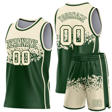 Custom Cream-Green Shattered Geometric Side Panel Stripe Round Neck Sublimation Basketball Set Jersey