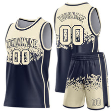 Загрузить изображение в средство просмотра галереи, Custom Cream-Navy Shattered Geometric Side Panel Stripe Round Neck Sublimation Basketball Set Jersey
