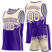 Загрузить изображение в средство просмотра галереи, Custom Cream-Purple Shattered Geometric Side Panel Stripe Round Neck Sublimation Basketball Set Jersey
