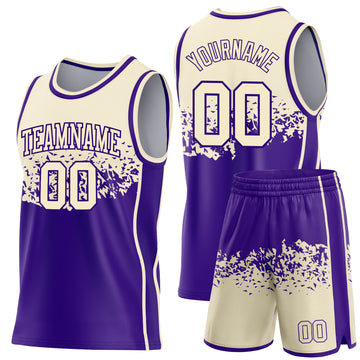 Custom Cream-Purple Shattered Geometric Side Panel Stripe Round Neck Sublimation Basketball Set Jersey