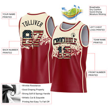 Laden Sie das Bild in den Galerie-Viewer, Custom Cream Vintage USA Flag Maroon-Black Shattered Geometric Side Panel Stripe Round Neck Sublimation Basketball Set Jersey
