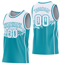 Load image into Gallery viewer, Custom White-Teal Shattered Geometric Side Panel Stripe Round Neck Sublimation Basketball Set Jersey

