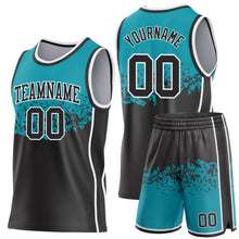 Laden Sie das Bild in den Galerie-Viewer, Custom Teal Black-White Shattered Geometric Side Panel Stripe Round Neck Sublimation Basketball Set Jersey
