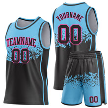 Load image into Gallery viewer, Custom Sky Blue Black-Pink Shattered Geometric Side Panel Stripe Round Neck Sublimation Basketball Set Jersey
