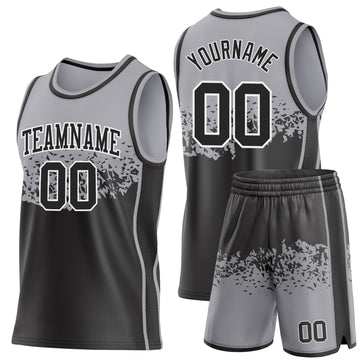 Custom Gray Black-White Shattered Geometric Side Panel Stripe Round Neck Sublimation Basketball Set Jersey